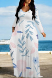 Blue Purple Elegant Floral Print Pocket Contrast V Neck Printed Dresses
