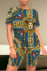Tibetan Blue Casual Street Animal Print Gradient Color Letters Contrast O Neck Short Sleeve Two Pieces