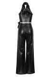 White Sexy Casual Solid Color Backless Belted Halter Sleeveless Two Pieces