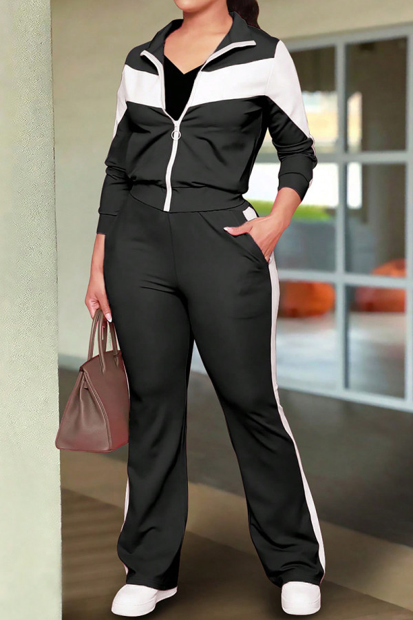 Black Casual Pocket Patchwork Zipper Contrast Zipper Collar Long Sleeve Two Pieces