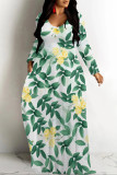 Blue Purple Elegant Floral Print Pocket Contrast V Neck Printed Dresses