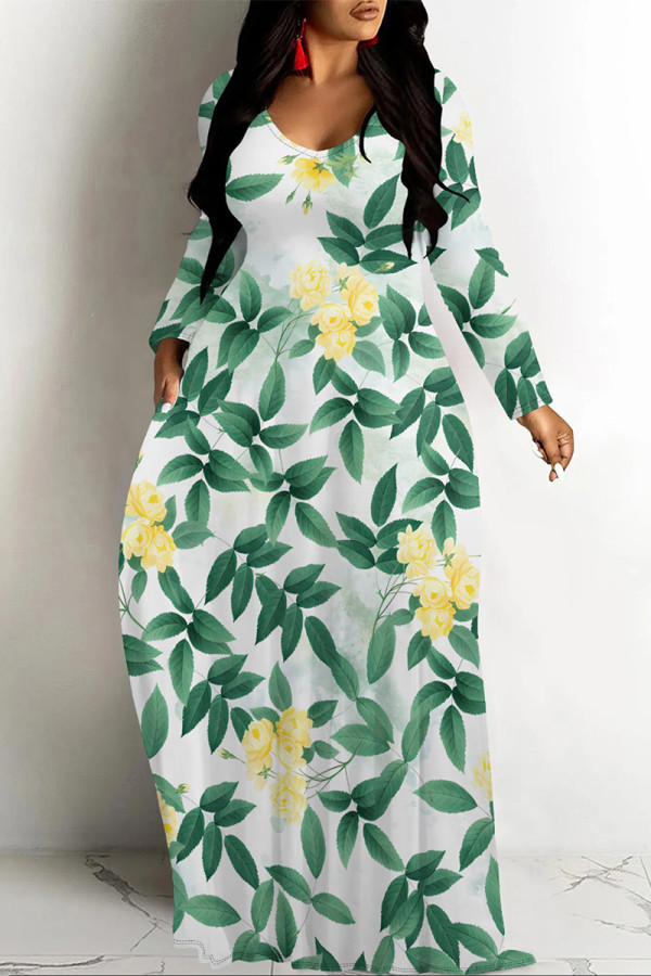 White Green Elegant Floral Print Pocket Contrast V Neck Printed Dresses
