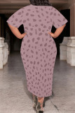 Brown Casual Geometric Print Stripe Gradient O Neck Printed Plus Size Dresses