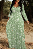Black Green Elegant Floral Print Tie Dye Pocket Contrast V Neck Printed Dresses