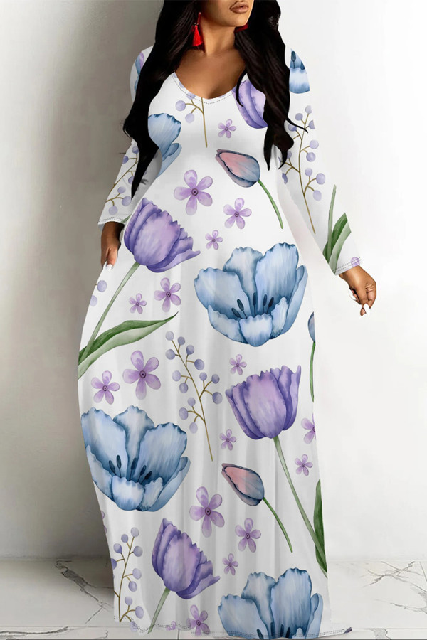 Blue Purple Elegant Floral Print Pocket Contrast V Neck Printed Dresses