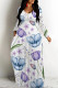 Blue Purple Elegant Floral Print Pocket Contrast V Neck Printed Dresses
