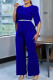 Royal Blue Casual Solid Color Patchwork With Belt O Neck Half Sleeve Two Pieces