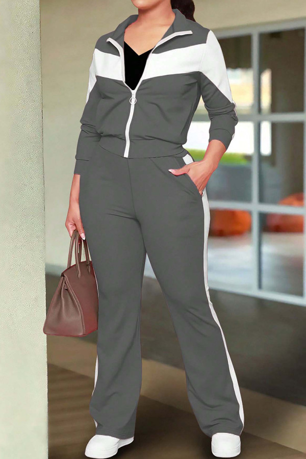 Dark Gray Casual Pocket Patchwork Zipper Contrast Zipper Collar Long Sleeve Two Pieces