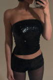 Black Sexy Solid Color Sequins Patchwork Backless Strapless Two Pieces