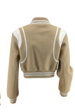 Khaki Casual Buckle Patchwork Contrast Baseball Collar Outerwear
