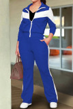 Blue Casual Pocket Patchwork Zipper Contrast Zipper Collar Long Sleeve Two Pieces