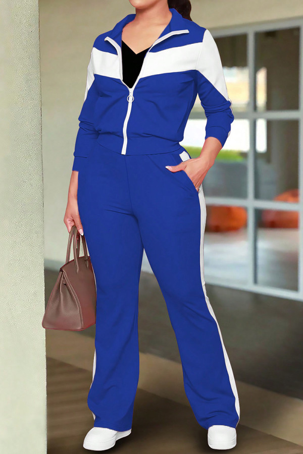 Blue Casual Pocket Patchwork Zipper Contrast Zipper Collar Long Sleeve Two Pieces