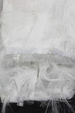 White Casual Solid Color Fringed Trim Patchwork See-Through Strap Design O Neck Tops