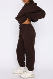 Coffee Casual Solid Color Pocket Patchwork Hooded Long Sleeve Two Pieces