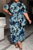 Brown Casual Geometric Print Stripe Gradient O Neck Printed Plus Size Dresses