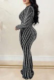 Black Elegant Patchwork Hot Drill Zipper O Neck Long Dresses