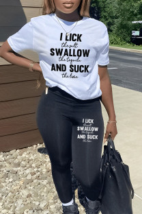White Casual Sportswear Letter Print Contrast O Neck Plus Size Two Pieces