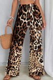 Dark Brown Casual Leopard Print Draw String Patchwork Loose Mid Waist Full Print Bottoms