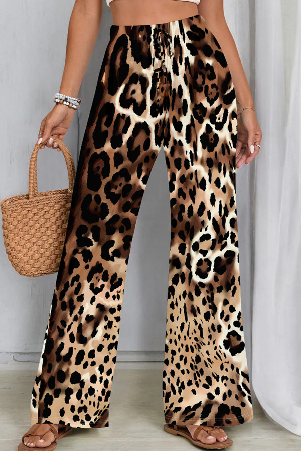 Dark Brown Casual Leopard Print Draw String Patchwork Loose Mid Waist Full Print Bottoms