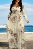 Blue Purple Elegant Floral Print Pocket Contrast V Neck Printed Dresses