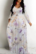 Light Purple Elegant Floral Print Tie Dye Pocket Contrast V Neck Printed Dresses