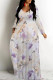Light Purple Elegant Floral Print Tie Dye Pocket Contrast V Neck Printed Dresses