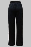 Black Casual Draw String Patchwork Contrast Loose Mid Waist Conventional Patchwork Bottoms