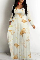 Beige Elegant Floral Print Tie Dye Pocket Contrast V Neck Printed Dresses