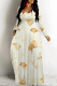 Beige Elegant Floral Print Tie Dye Pocket Contrast V Neck Printed Dresses