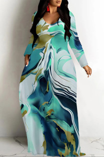 Black Green Elegant Floral Print Tie Dye Pocket Contrast V Neck Printed Dresses