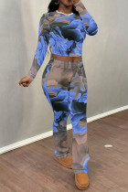 Blue Casual Street Tie Dye Letters Chain print Contrast O Neck Long Sleeve Two Pieces