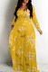 Yellow Elegant Floral Print Tie Dye Pocket Contrast V Neck Printed Dresses