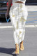 White Casual Street Stripe Letters Faux Denim Print Contrast Skinny High Waist Full Print Bottoms