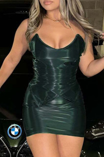 Dark Green Sexy Solid Color Patchwork Backless Strapless Two Pieces