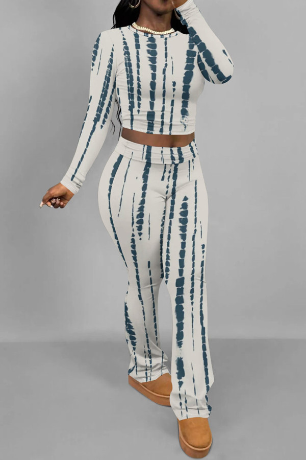 White Blue Casual Print Patchwork O Neck Long Sleeve Two Pieces