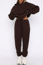 Coffee Casual Solid Color Pocket Patchwork Hooded Long Sleeve Two Pieces