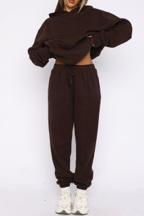 Coffee Casual Solid Color Pocket Patchwork Hooded Long Sleeve Two Pieces