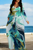 Black Green Elegant Floral Print Tie Dye Pocket Contrast V Neck Printed Dresses