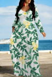 Blue Purple Elegant Floral Print Pocket Contrast V Neck Printed Dresses