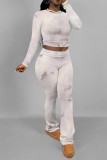 Apricot Casual Street Floral Print Tie Dye Contrast O Neck Long Sleeve Two Pieces