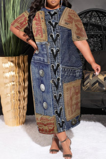 Dark Blue Casual Street Faux Denim Print Pocket O Neck Printed Plus Size Dresses