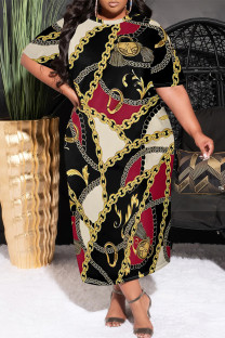 Black Red Casual Chain print Pocket Contrast O Neck Printed Plus Size Dresses