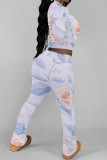 Orange Casual Street Floral Print Contrast O Neck Long Sleeve Two Pieces