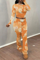 Orange Casual Street Floral Print Contrast O Neck Long Sleeve Two Pieces
