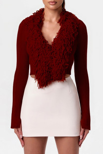 Burgundy Casual Solid Color Fringed Trim Patchwork V Neck Tops