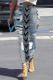 Medium Blue Casual Street Faux Denim Print Contrast Skinny High Waist Full Print Bottoms