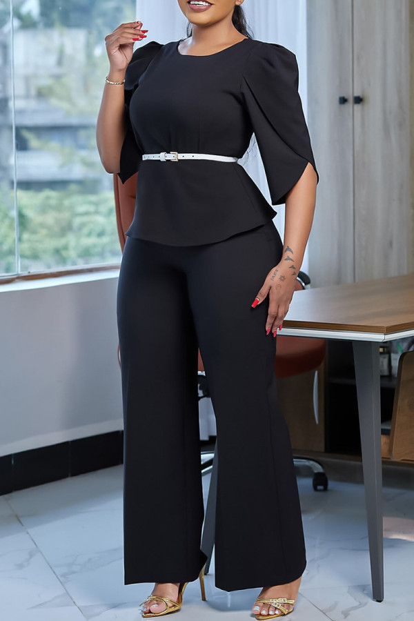 Black Casual Solid Color Patchwork With Belt O Neck Half Sleeve Two Pieces