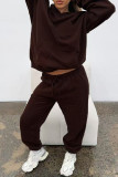 Coffee Casual Solid Color Pocket Patchwork Hooded Long Sleeve Two Pieces