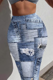 Baby Blue Casual Street Faux Denim Print Contrast Skinny High Waist Full Print Bottoms