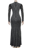 Black Elegant Patchwork Hot Drill Zipper O Neck Long Dresses